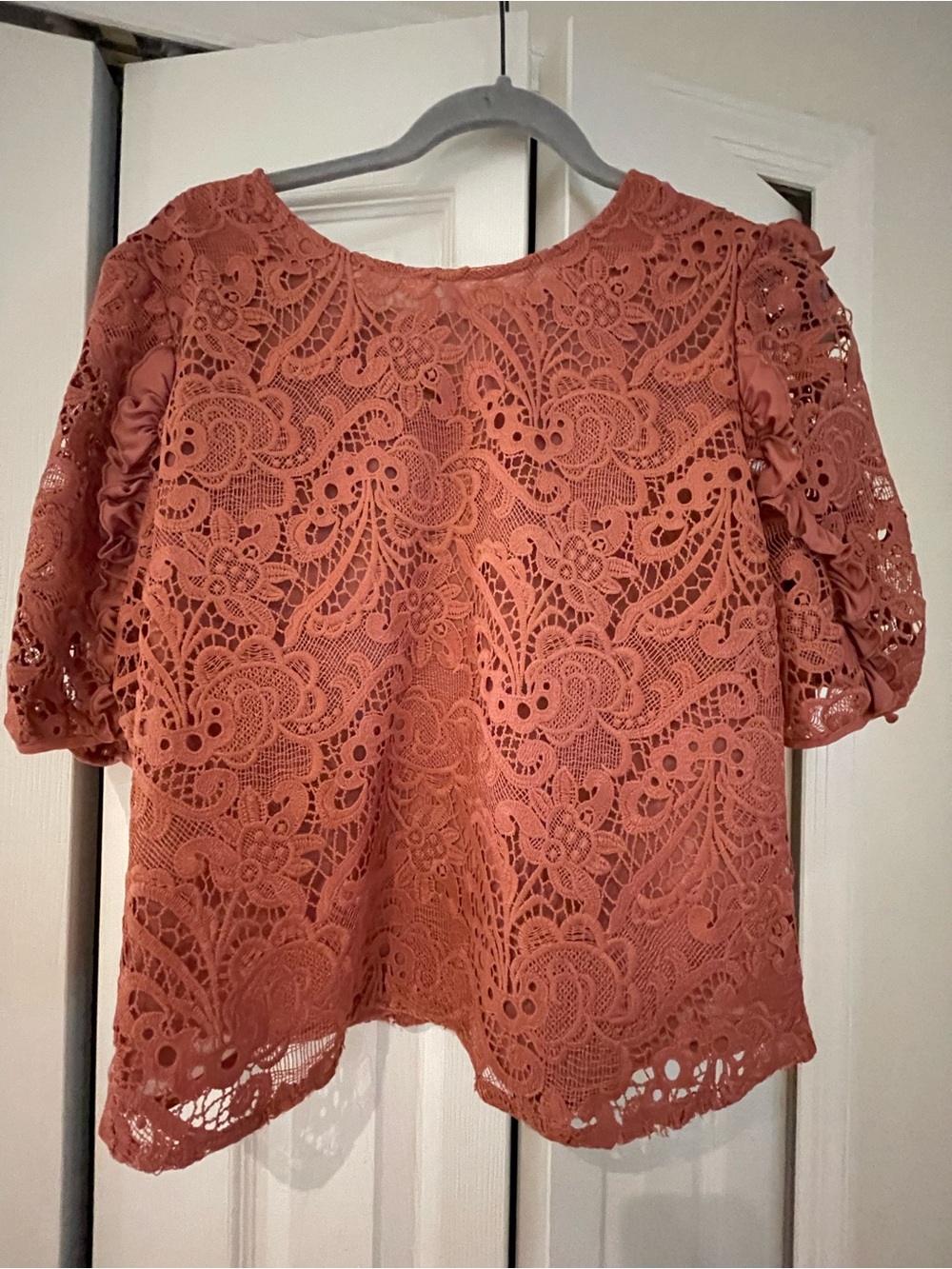Express Rust Lace Crochet Puff Sleeve Top